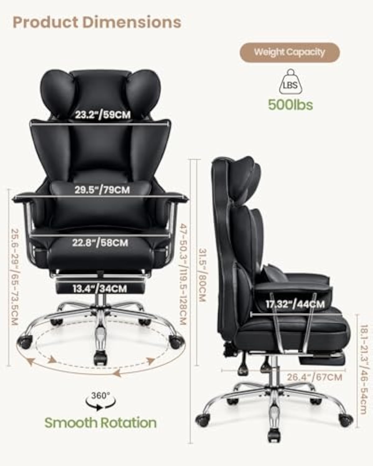 BrandTok Home Office Desk Chair, High Back Executive Office Chair with Footrest, Leather Computer Gaming Chair