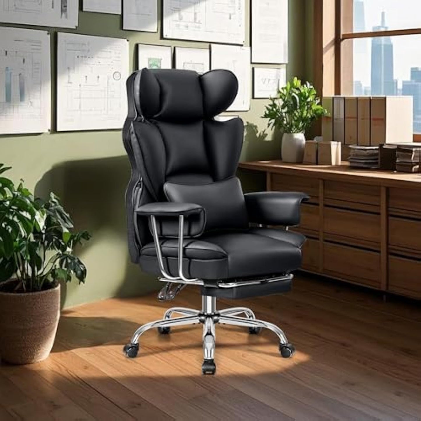 BrandTok Home Office Desk Chair, High Back Executive Office Chair with Footrest, Leather Computer Gaming Chair